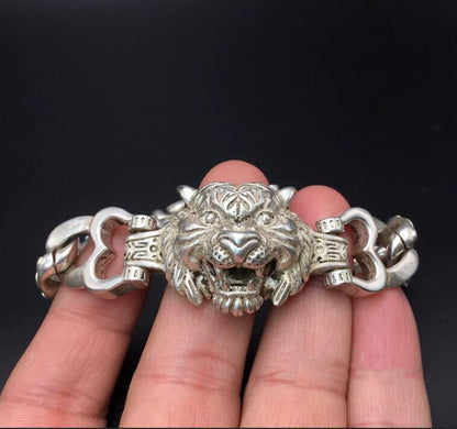 Rare Tibet Silver Carved DRAGON Men's Bracelet Bangle