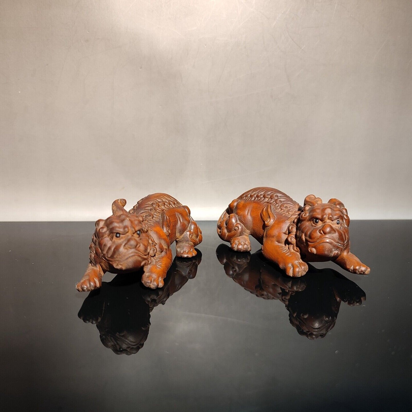 Set Chinese Unicorn Dragon Sculpture Statue Wooden Desk Room Carving Decor Fine