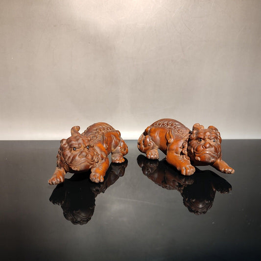 Set Chinese Unicorn Dragon Sculpture Statue Wooden Desk Room Carving Decor Fine