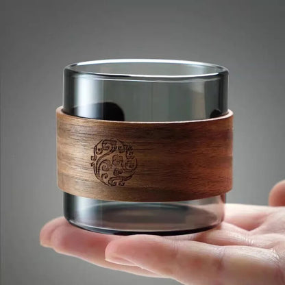 1pc Heat-resistant Glass Tea Cup Set With Wooden Holder Kungfu Tea Master Cup