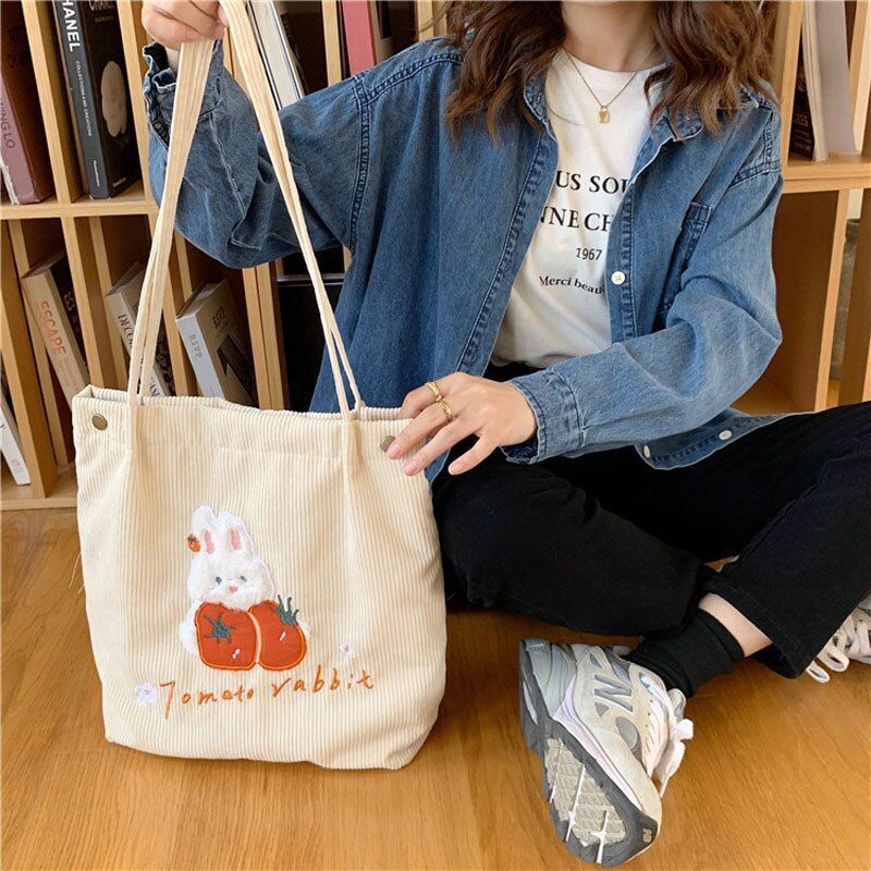 Women Handbags Corduroy Shopping Bag Canvas Magnetic Buckle Shoulder Bags Purse