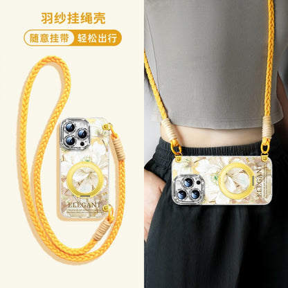 For iPhone 16 Pro/15/14/13 Flower Phone Case with Lanyard/Stand/Crossbody Strap