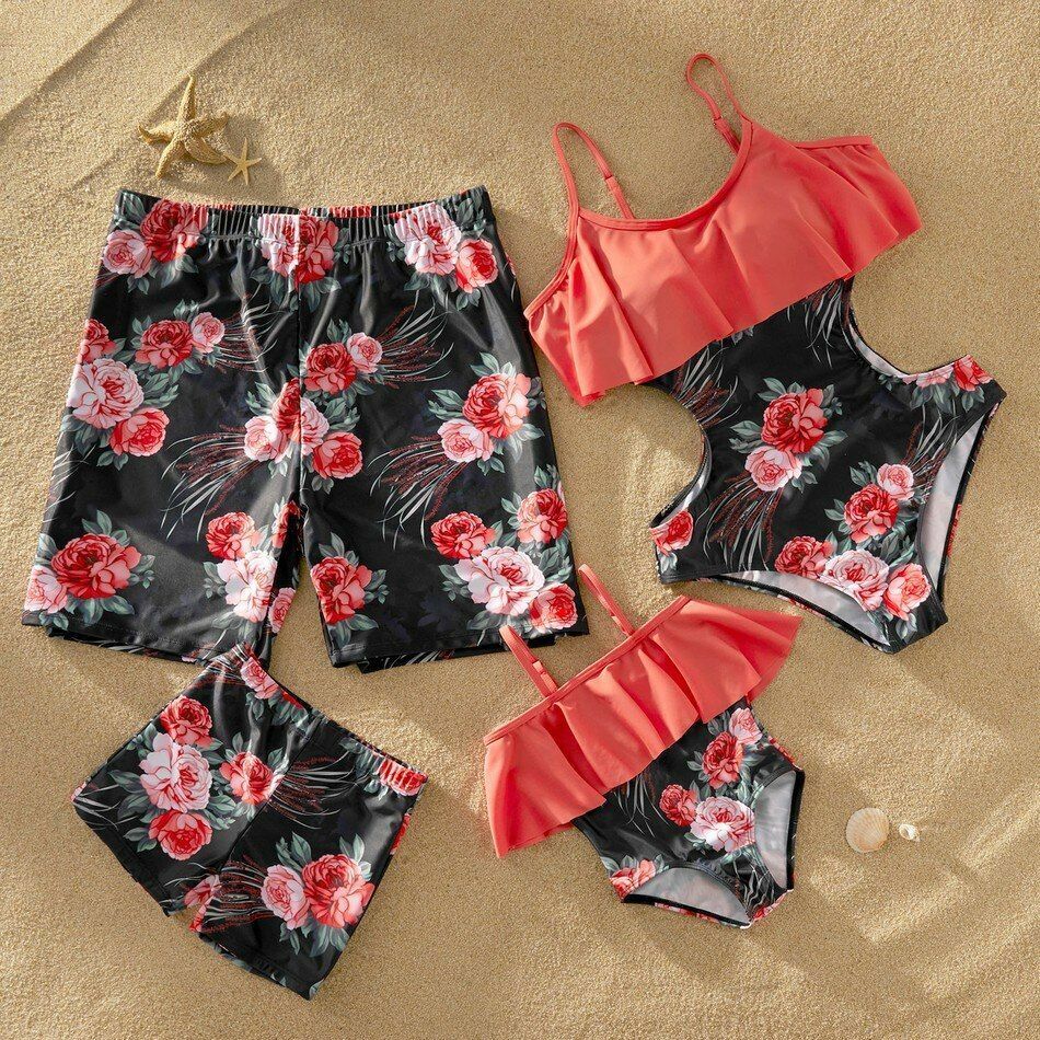 Matching Family Swimsuits Summer Flounce Floral Print Look Print Block One-piece
