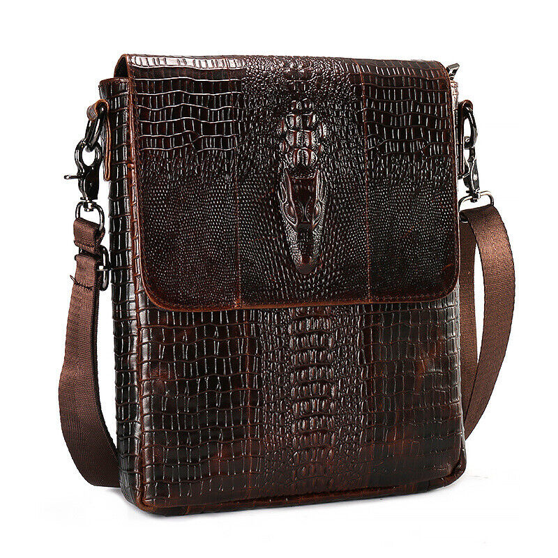 100% Genuine Leather Men's Shoulder Bag Crocodile Crossbody Bag 8" Messenger Bag