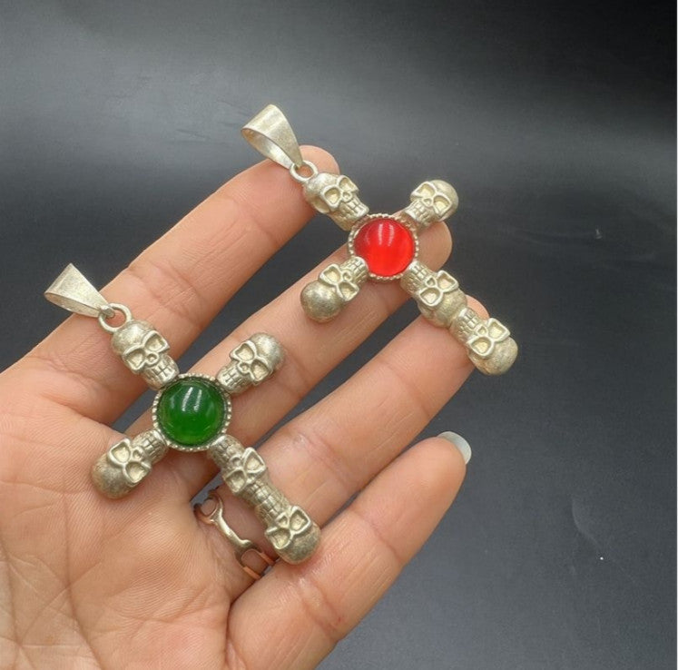 Tibetan Old Collection Antique Skull Cross Inlaid Gemstone Pendant Retro Gift