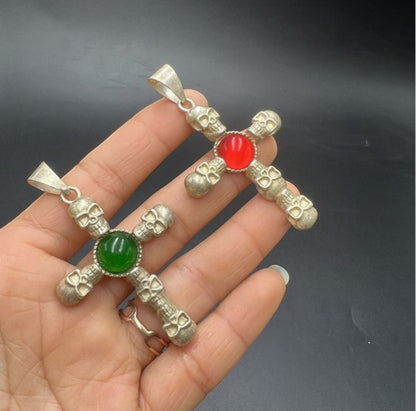 Tibetan Old Collection Antique Skull Cross Inlaid Gemstone Pendant Retro Gift
