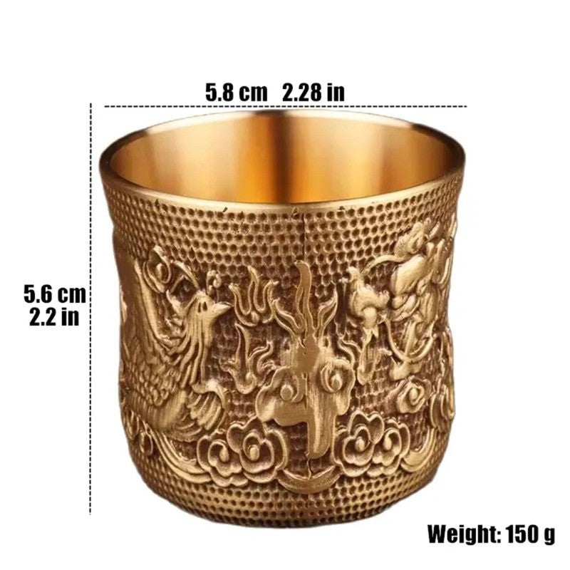 5.8cm New Retro Buddhism Holy Water Cup Brass Engraved Dragon Phoenix Mini Cup