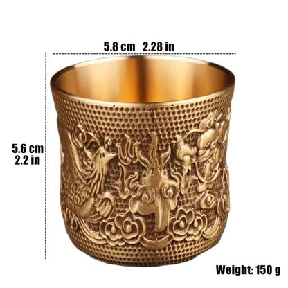 5.8cm New Retro Buddhism Holy Water Cup Brass Engraved Dragon Phoenix Mini Cup
