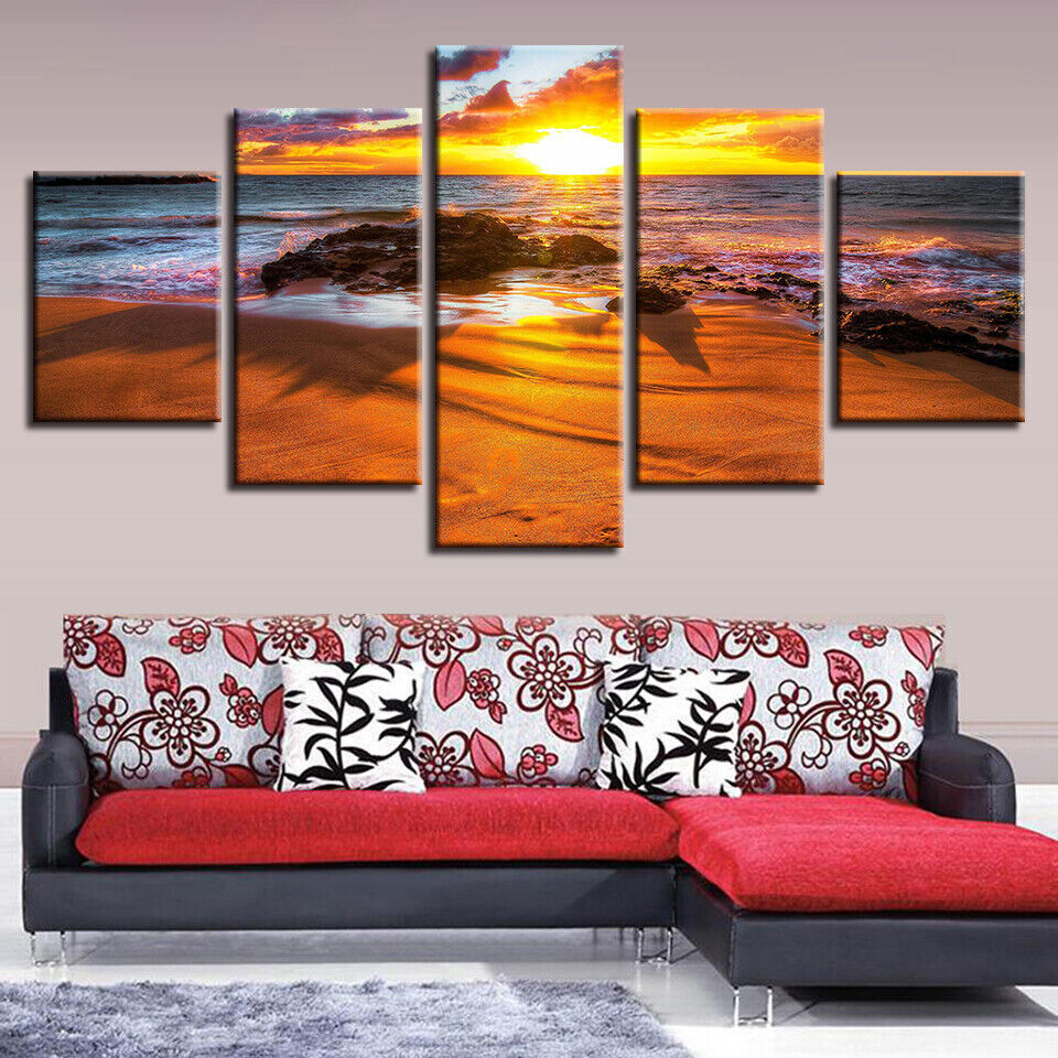 Sunset Sea Beach Nature Seascapes Canvas Print Painting Wall Art Home Decor 5PCS