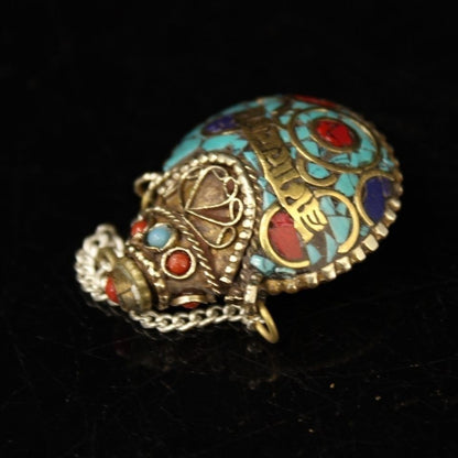 Tibetan Copper Snuff Bottle Pendant Inlaid Gem Handmade Tibetan Art Jewelry