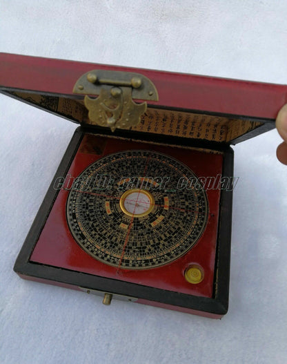 Old Chinese Feng Shui Compass W. Leatherette Wood Dragon Phoenix Box 13cm