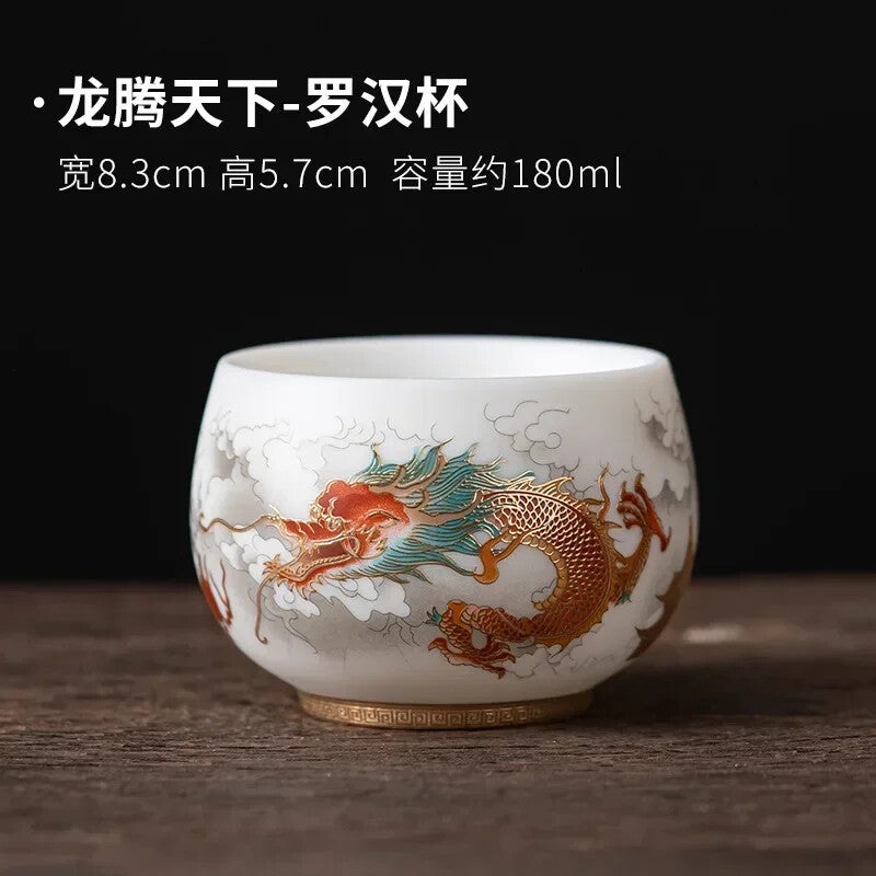 Sheep Fat Jade Porcelain Tea Set Cup Dragon and Phoenix Pairs Cup Tea Set