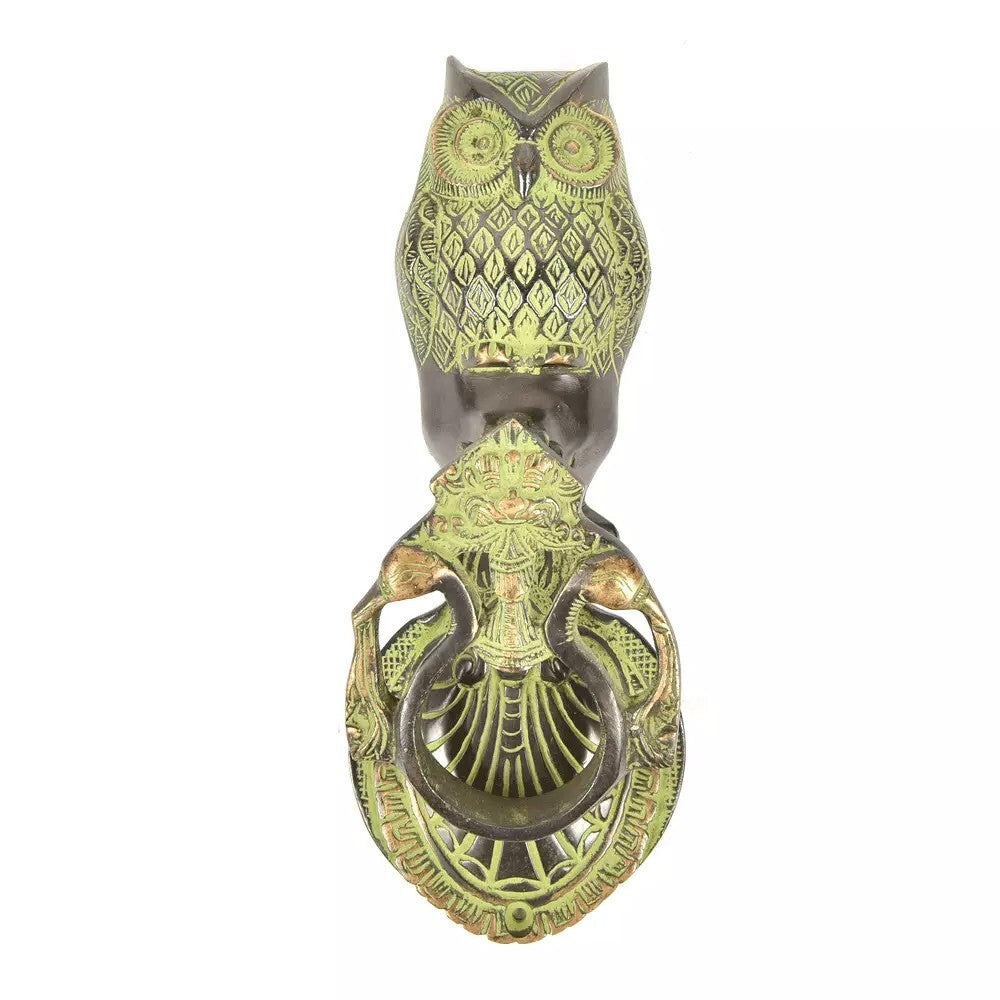 Antique Look Patina Brass Owl on Peacock Door Knocker Door Bell Home Decor