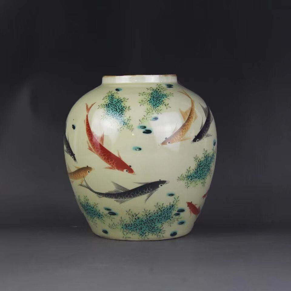 Vintage Famille Rose Porcelain Tea Caddy Pot Five-flavored Fish