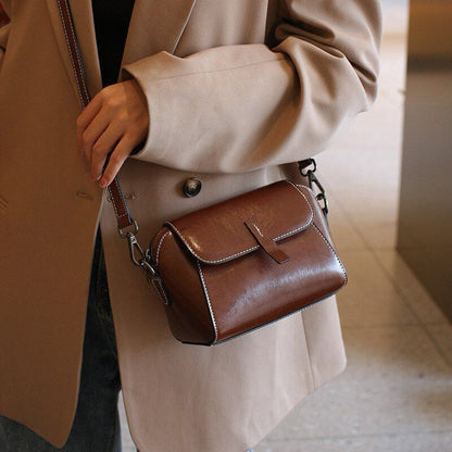 Wax Cowhide Leather Crossbody Small Bag Shoulder Shell Casual Purse Polyester