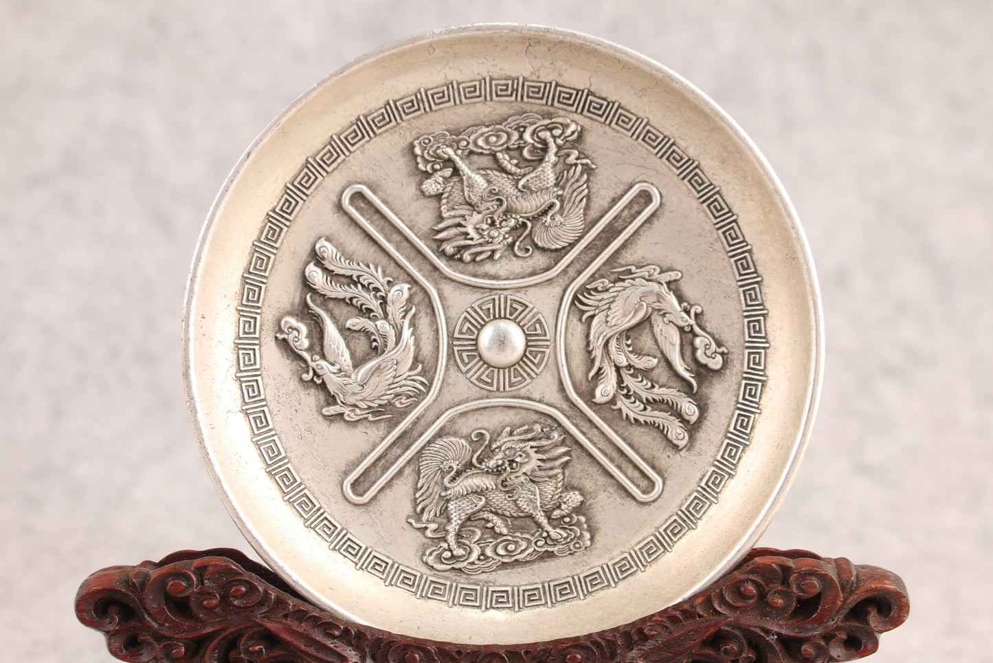 Chinese tibet silver copper double dragon phoenix plate table decor