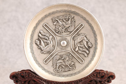 Chinese tibet silver copper double dragon phoenix plate table decor