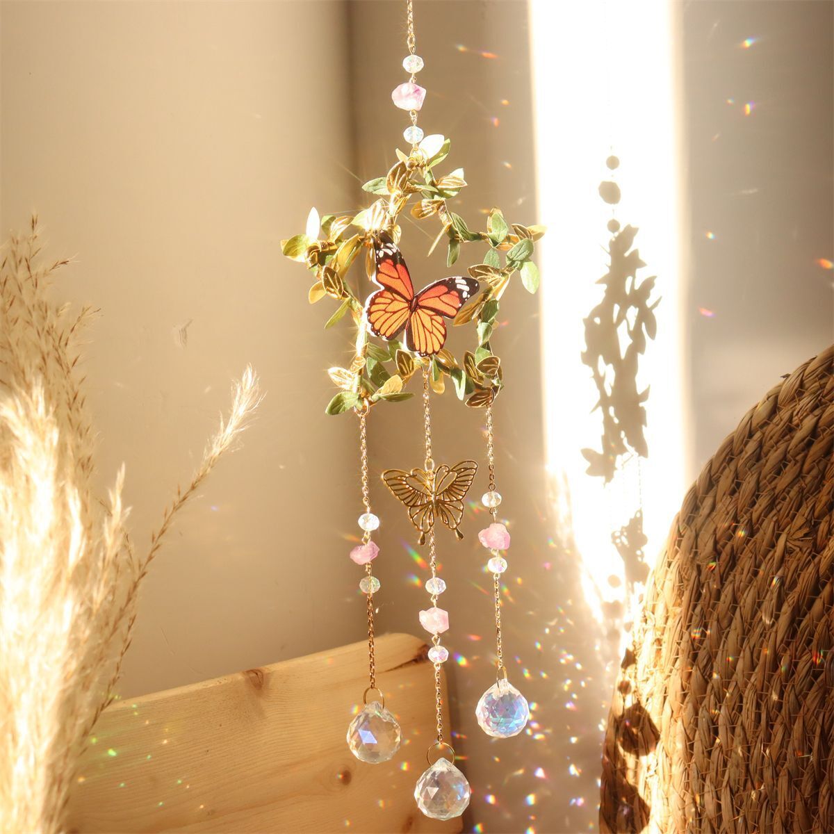 Wind Chimes K9 Crystals Star Moon Vine Winding Butterfly Hanging Rainbow Chasers