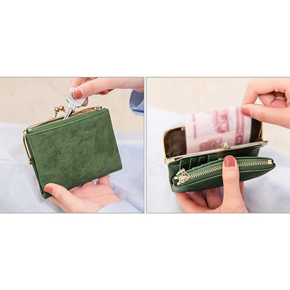 Wallet Short Bifold Retro Coin Purse Zip Kiss Lock Green Synthetic Leather Short