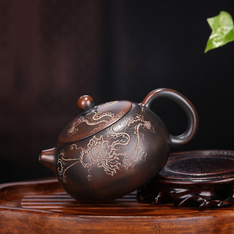 Pottery Tea Pot With Ball Shaped Infuser Holes Dragon Carved Handmade Xishi Pot