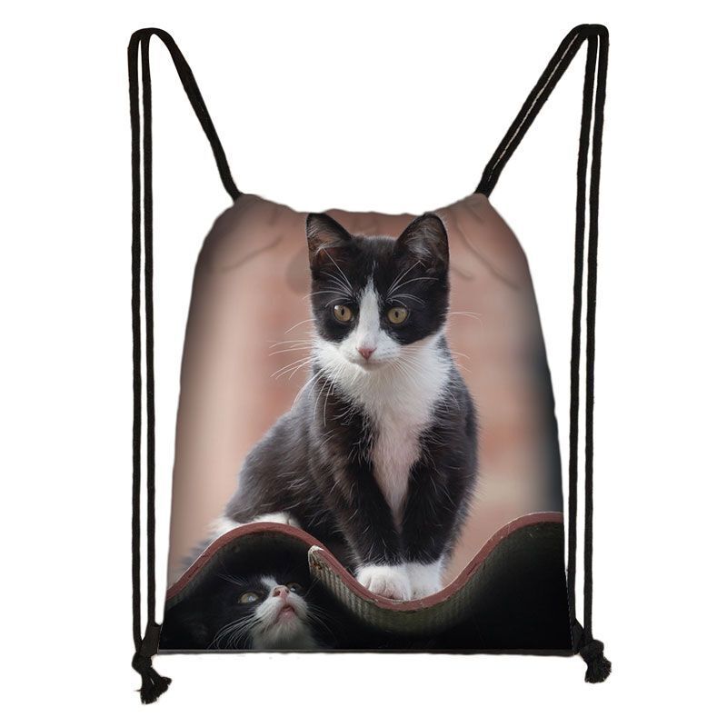 Black Cat Drawstring Bag Women Shopping Purse Canvas Travelling Bag Backpack 1PC
