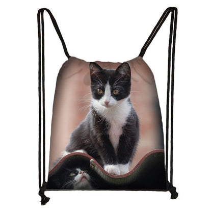 Black Cat Drawstring Bag Women Shopping Purse Canvas Travelling Bag Backpack 1PC