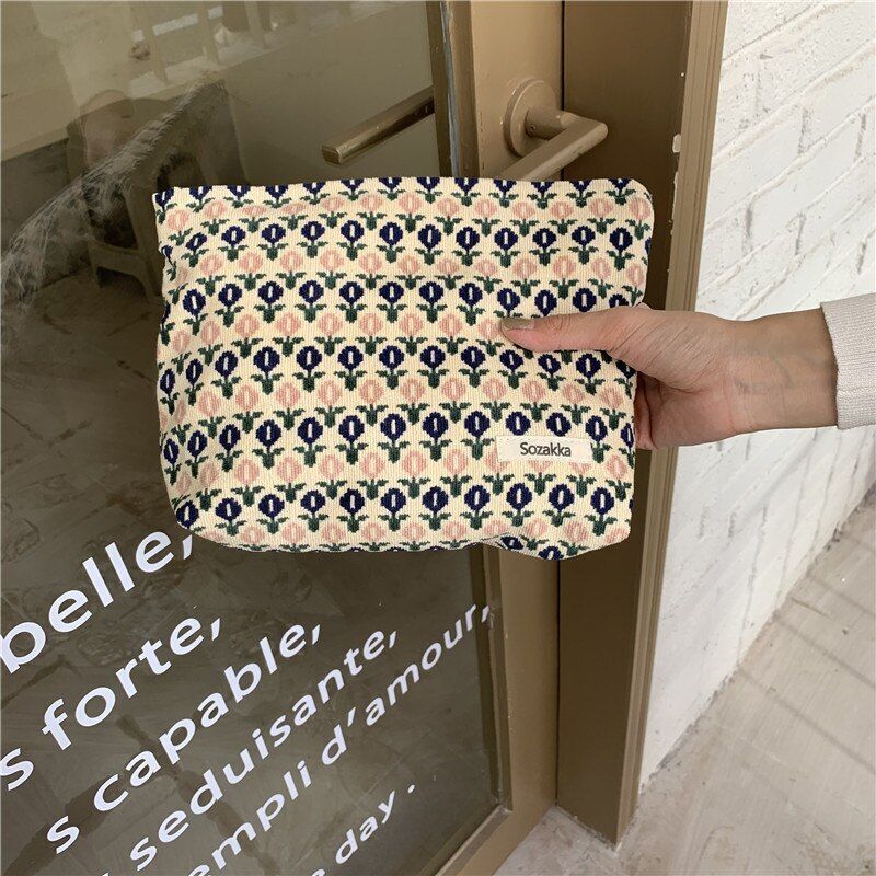 Cosmetic Pouch Embroidery Floral Print Traveling Toiletry Bag Canvas Makeup Case