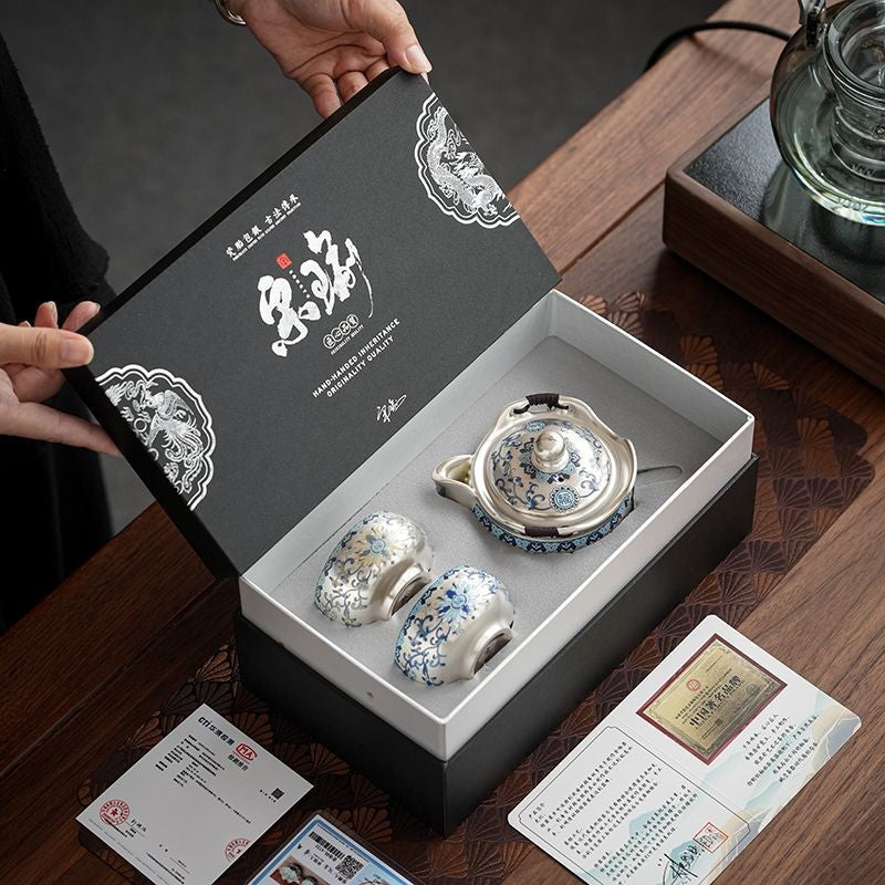 Chinese Silver Plated Travel Tea Set 1 Teapot 2 Cups Gift Box Gongfu