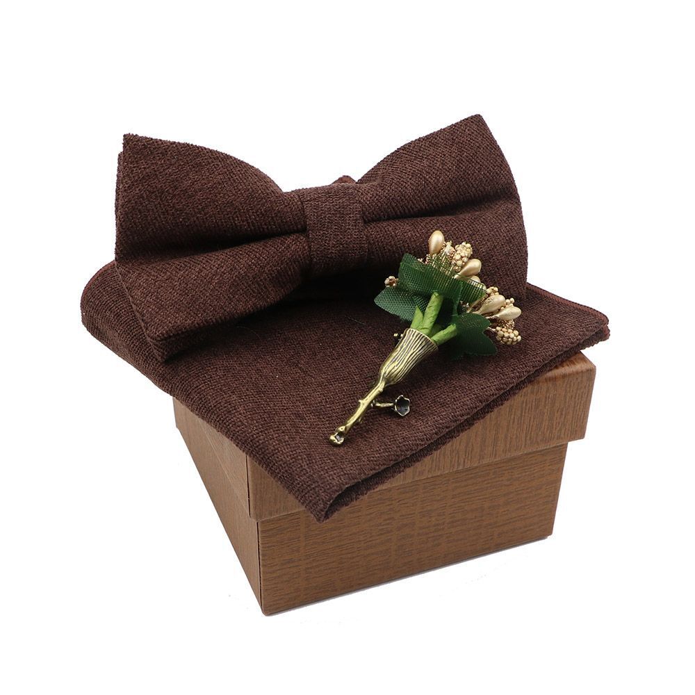 Men Bow Ties 3Pcs Cotton Handkerchief Flower Brooch Women Party Wedding Necktie