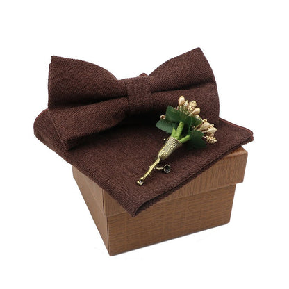 Men Bow Ties 3Pcs Cotton Handkerchief Flower Brooch Women Party Wedding Necktie