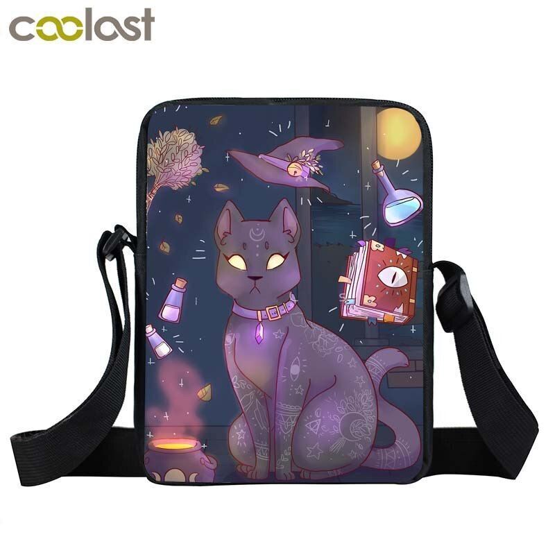 Witch Black Cat Messenger Bag Clutch Canvas Crossbody Shoulder Bags Travel Small