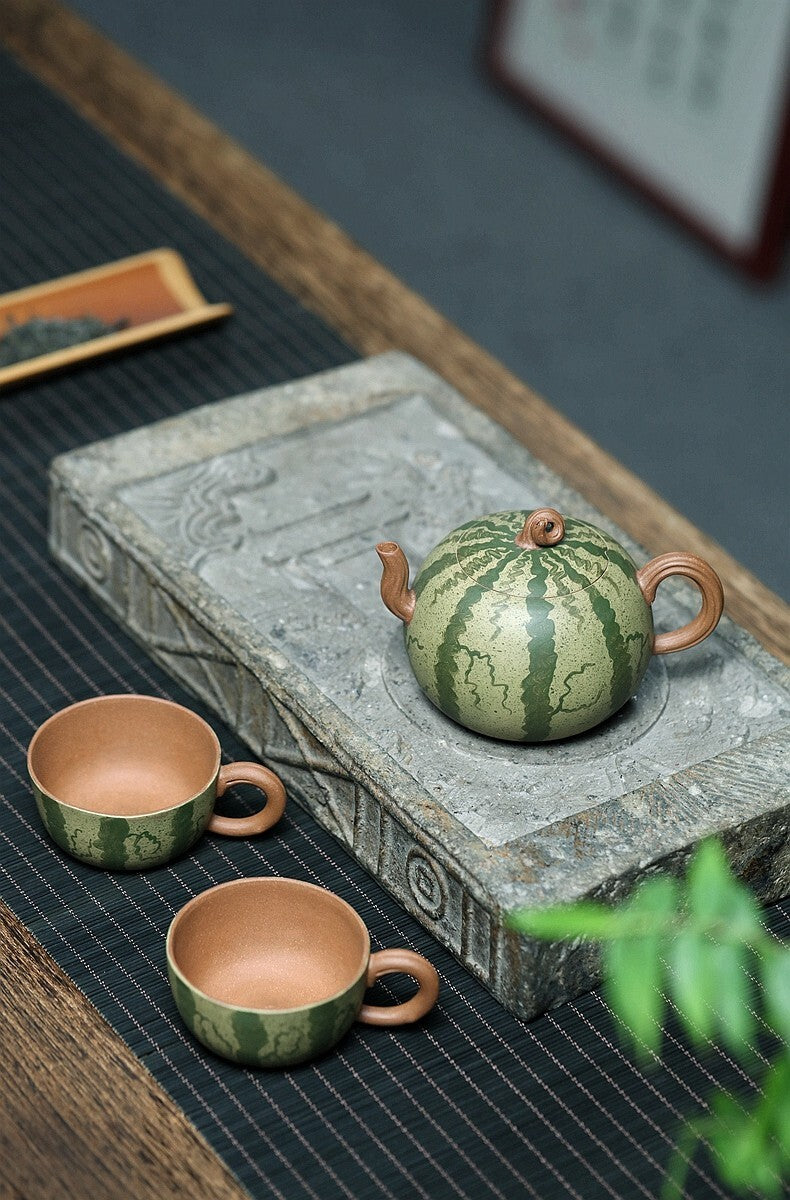 Set of 3pcs chinese Yixing Handmade Zisha teapot Duanclay watermelon Gongfu cup