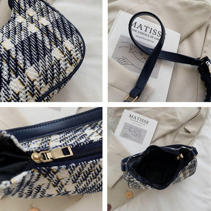 Plaid Canvas Bag Leather Crescent Shoulder Bag Zipper Handbags 24*8*18 CM 26 CM