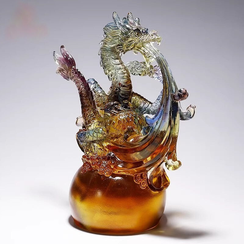 Chinese Liu Li Crystal Dragon Statue Feng Shui Decor