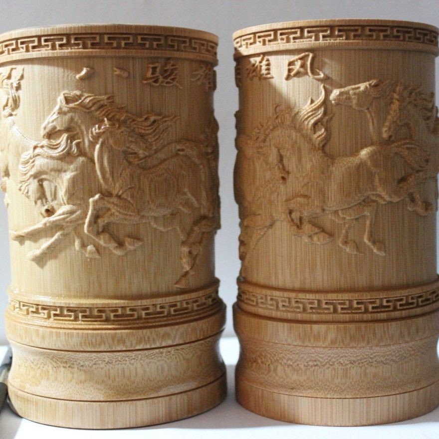 Bamboo Carved Eight Horses Pen Holder 5.12in Chinese Desk Decor