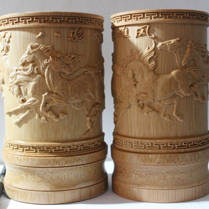 Bamboo Carved Eight Horses Pen Holder 5.12in Chinese Desk Decor