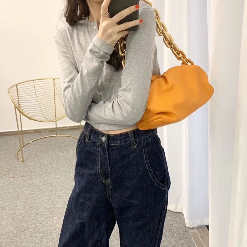 Genuine Cow Leather Handbag Thick Thin Chain Cloud Dumplings Clutch Shoulder Bag