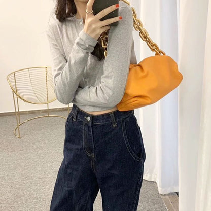 Genuine Cow Leather Handbag Thick Thin Chain Cloud Dumplings Clutch Shoulder Bag