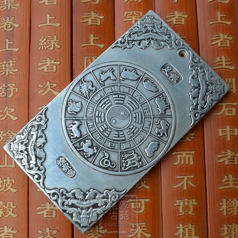 Old chinese Tibet Silver amulet Bullion statue thangka netsuke "双龙戏珠" 136g