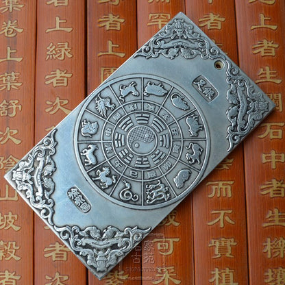 Old chinese Tibet Silver amulet Bullion statue thangka netsuke "双龙戏珠" 136g