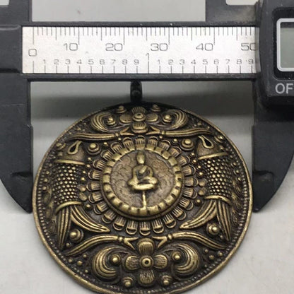 Vintage Tibetan Brass Pendant, Hand-Carved Buddha & Fish, Nepal Style