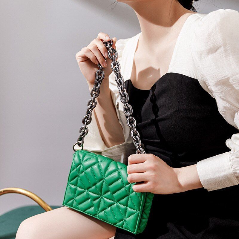 Handbag Green Small Flap Shoulder Bag Chain Clutch Bags Polyester Square Purse