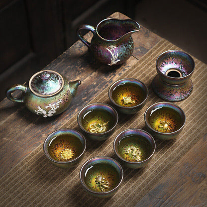 Tianmu Glaze Tea Set Kiln Change Complete Tea Set Silver Relief Chinese Pot Cups