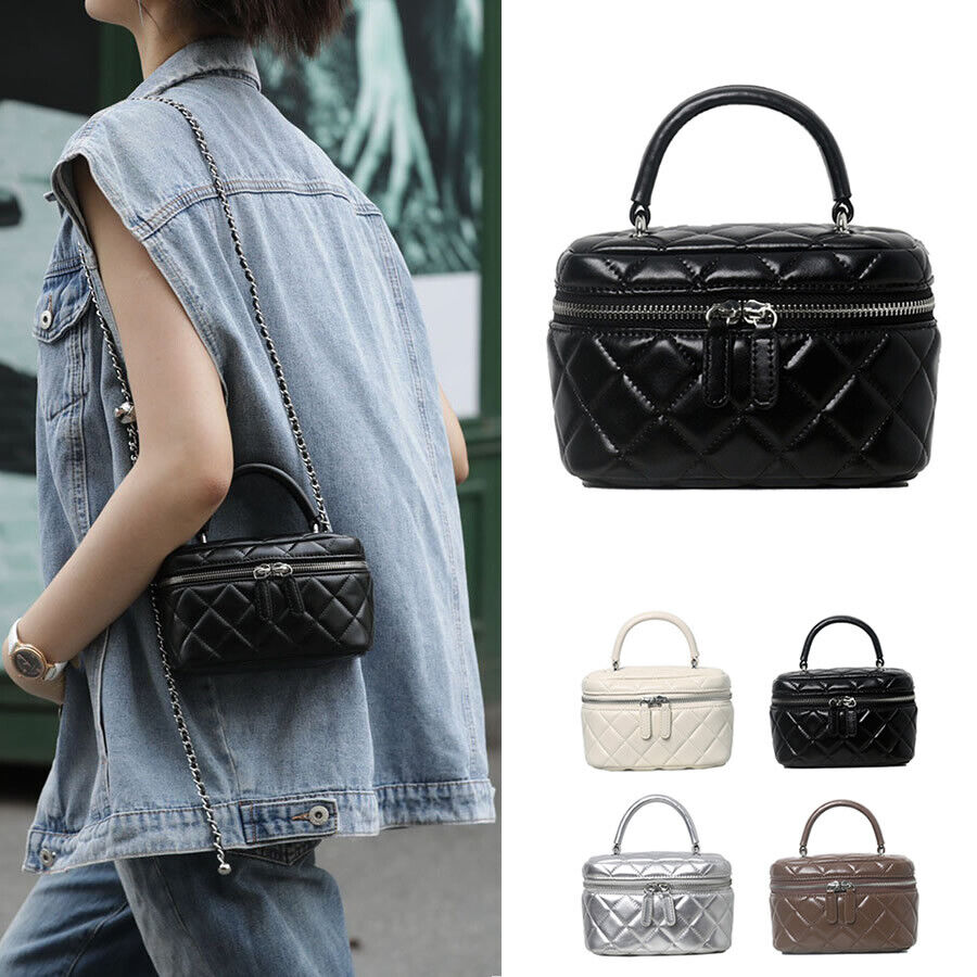 Mini Quilted Real Leather Vanity Case Box Purse Clutch Tote Shoulder Bag Chains