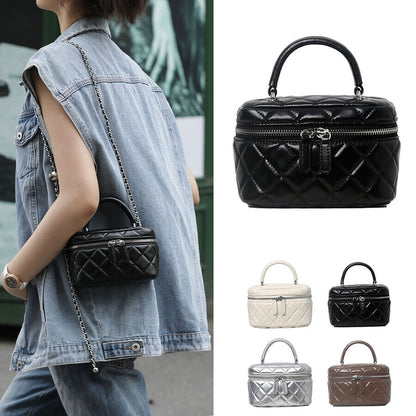 Mini Quilted Real Leather Vanity Case Box Purse Clutch Tote Shoulder Bag Chains