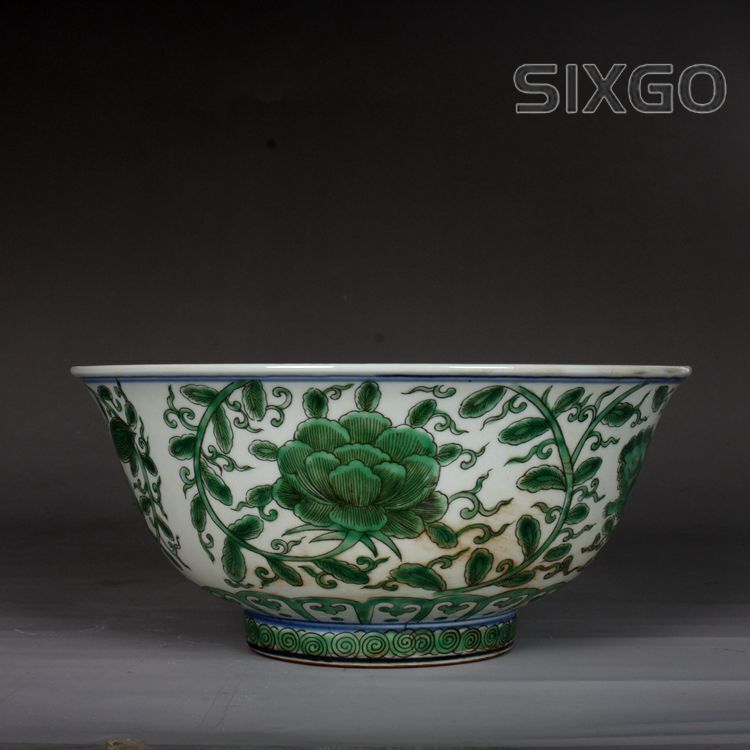7.8" Chinese Porcelain Green Glaze Hand Painting Lotus Flower Pixiu Green Bowl