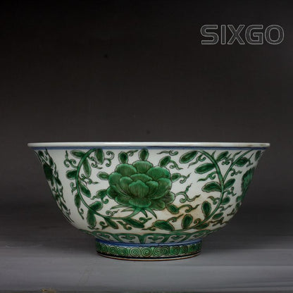 7.8" Chinese Porcelain Green Glaze Hand Painting Lotus Flower Pixiu Green Bowl