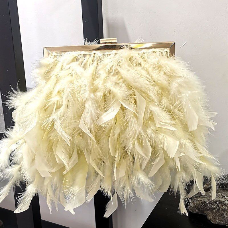 Elegant Purse Feather Handbag Clutch White Pearl Chain Shoulder Bag 20*15*18 CM