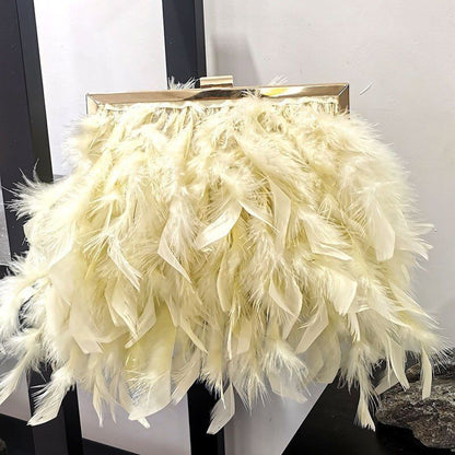 Elegant Purse Feather Handbag Clutch White Pearl Chain Shoulder Bag 20*15*18 CM