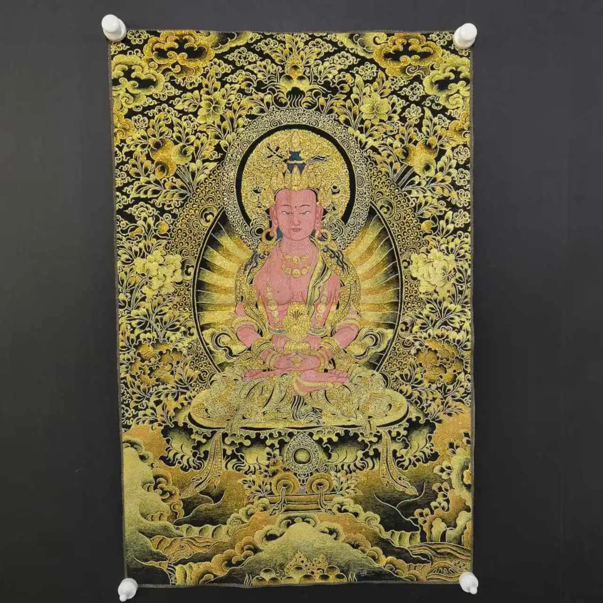 35"Tibetan Buddhism Embroidery Nepal Manjushri Amitayus Longevity Buddha Thangka